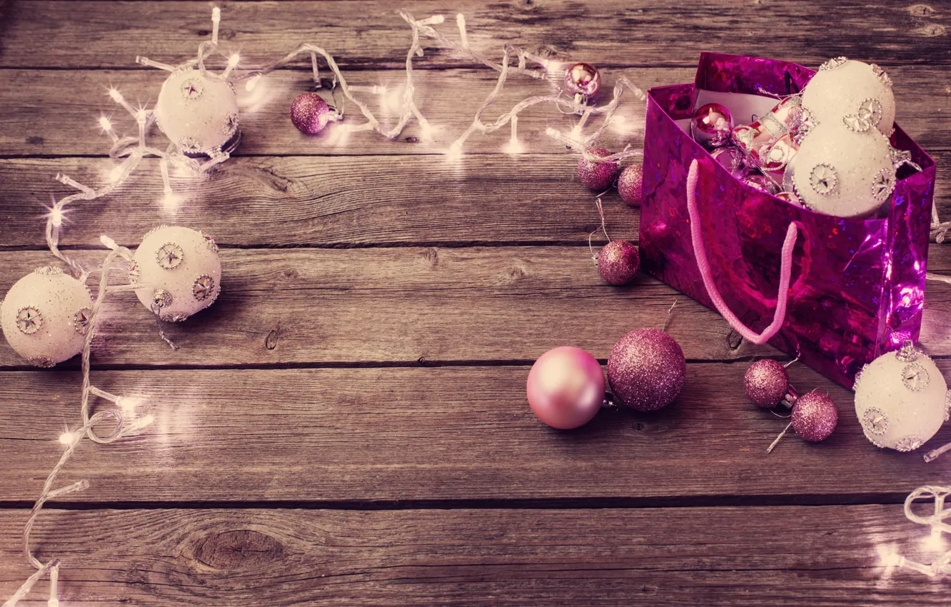 Фото обои зима, шарики, шары, игрушки, Новый Год, пакет, Рождество, розовые