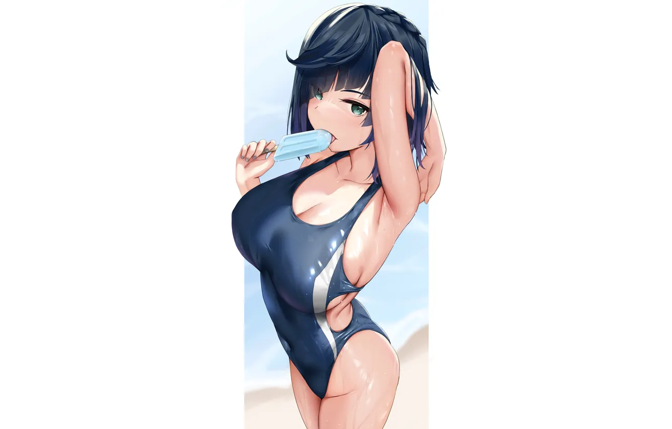 Фото обои girl, hot, sexy, wet, blue, anime, water, short hair