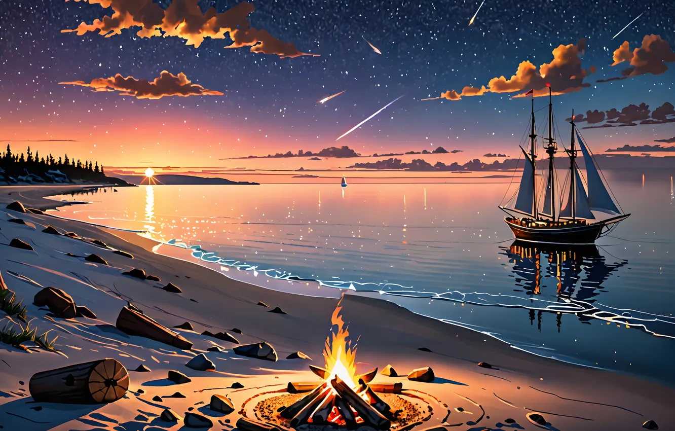 Фото обои sunset, ship, campfire, AI art, starscape