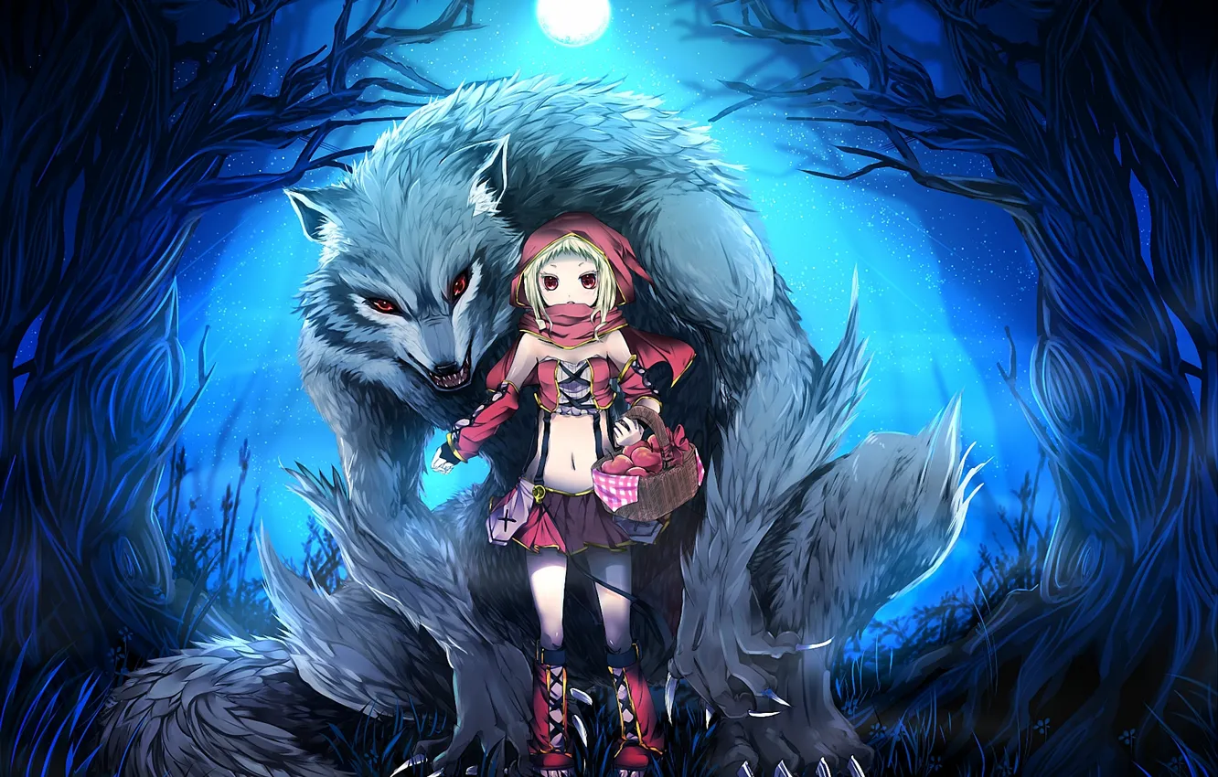 Фото обои лес, ночь, луна, корзина, волк, красная шапочка, арт, девочка