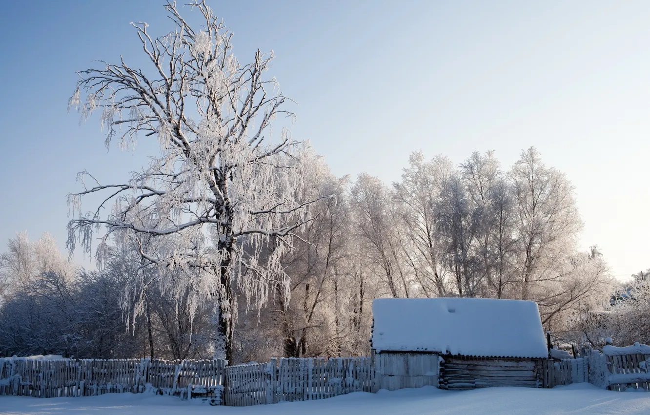 Фото обои зима, снег, пейзаж, дом, забор