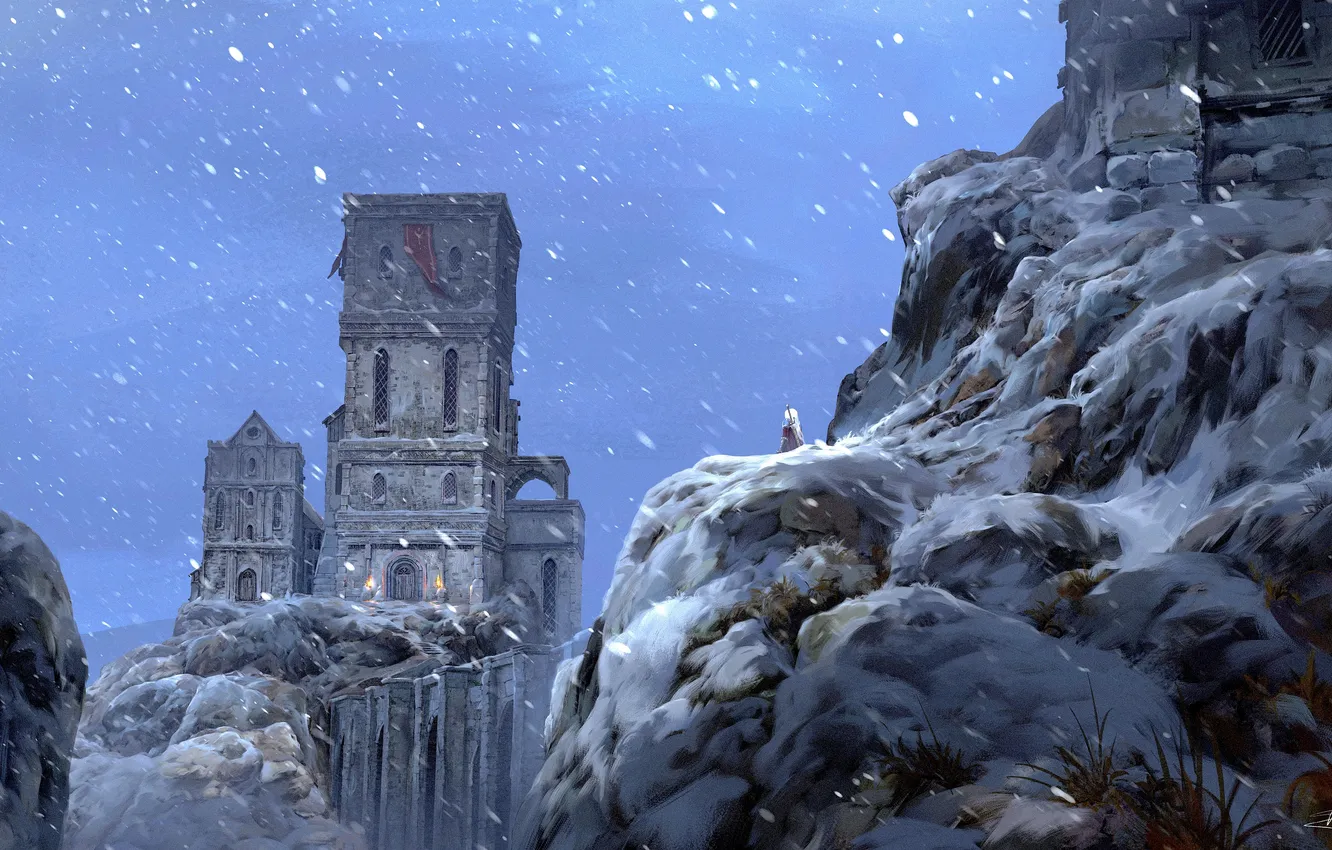 Фото обои sword, fantasy, winter, mountains, rocks, snow, castle, digital art