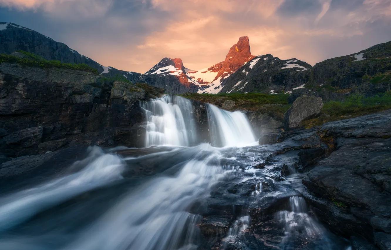Фото обои горы, река, водопад, Норвегия, каскад, Norway, Romsdalen, Ромсдален