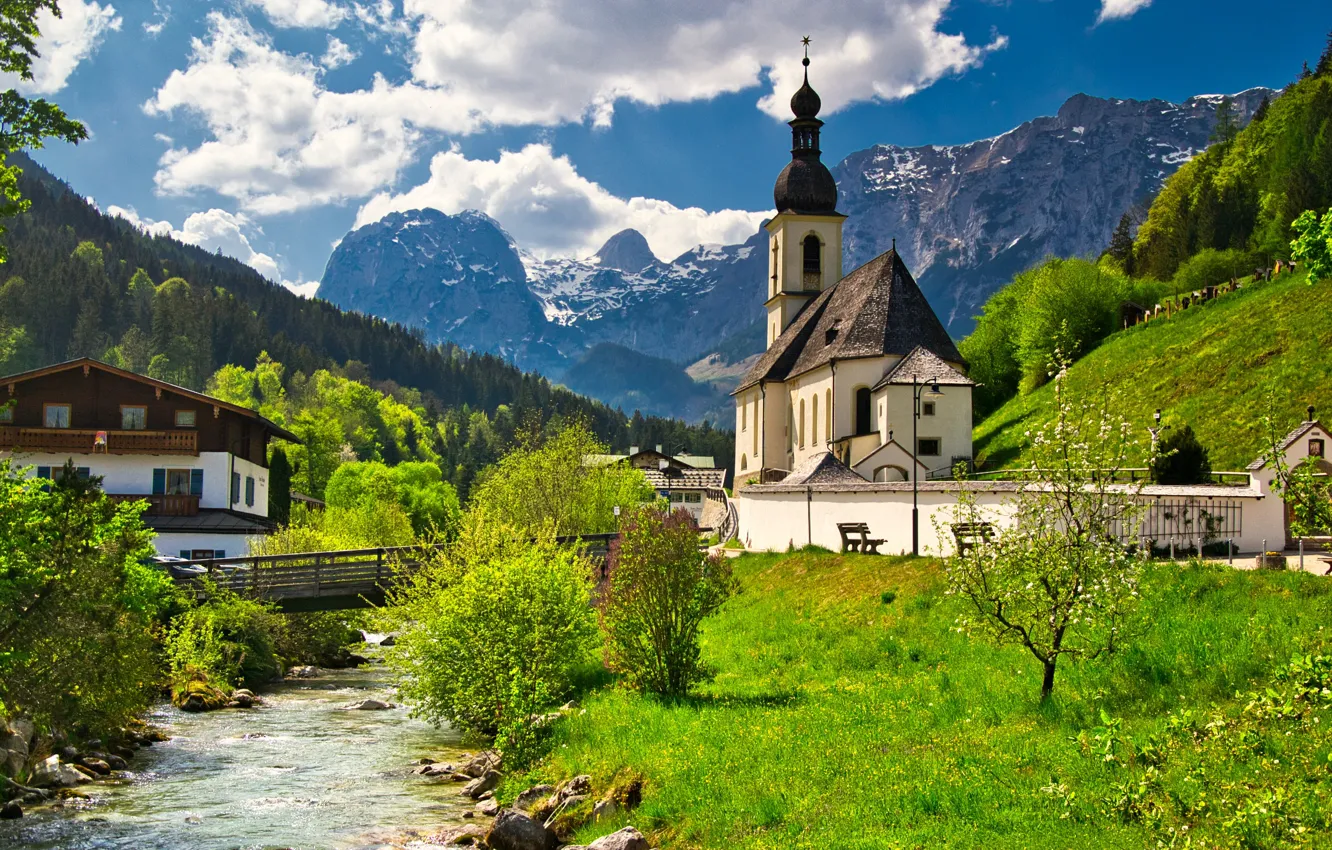 Фото обои деревья, горы, мост, дом, река, Германия, Бавария, церковь
