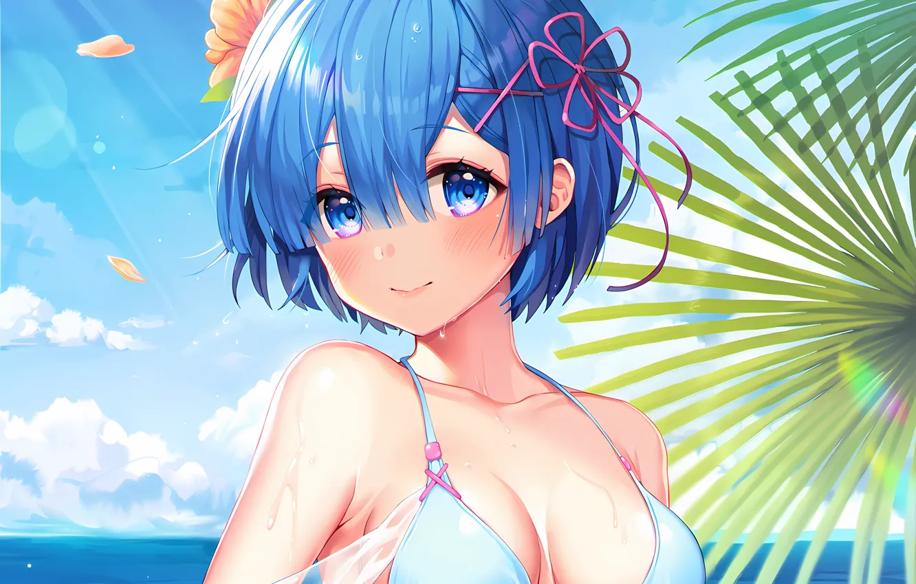 Фото обои girl, sexy, wet, cleavage, sky, sea, boobs, anime