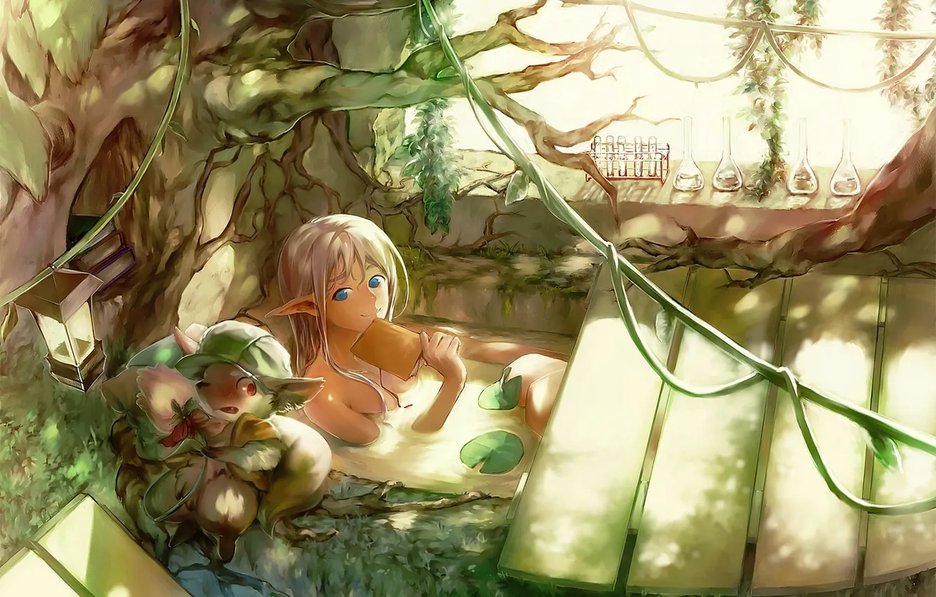 Фото обои девушка, дерево, аниме, арт, ванна, книга, зверь, ушки