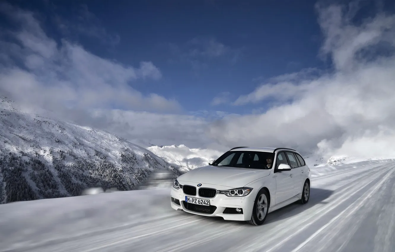 Фото обои Зима, Белый, Снег, BMW, Капот, Автомобиль, Передок, 320d