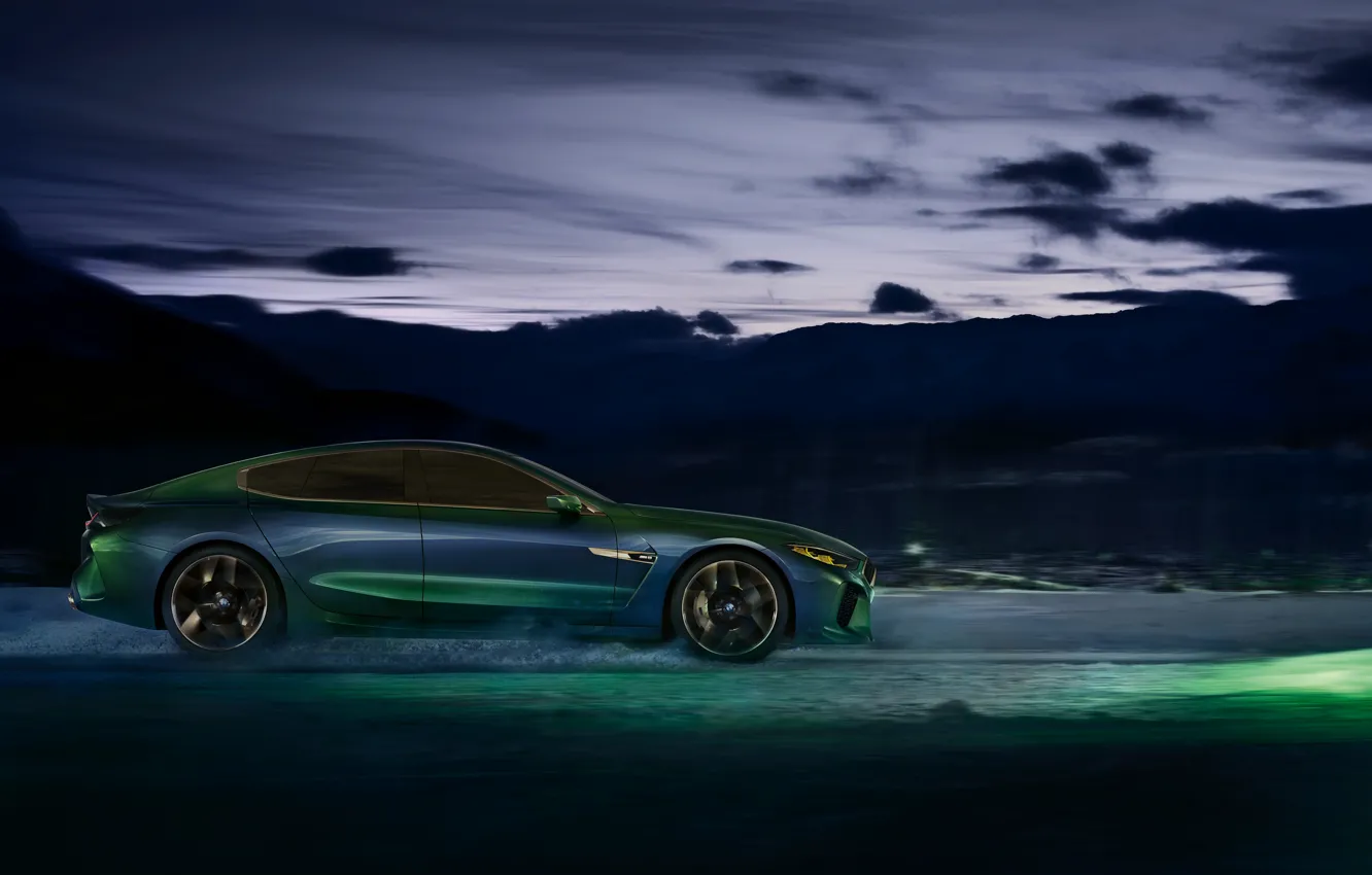 Фото обои темно, купе, BMW, профиль, 2018, M8 Gran Coupe Concept