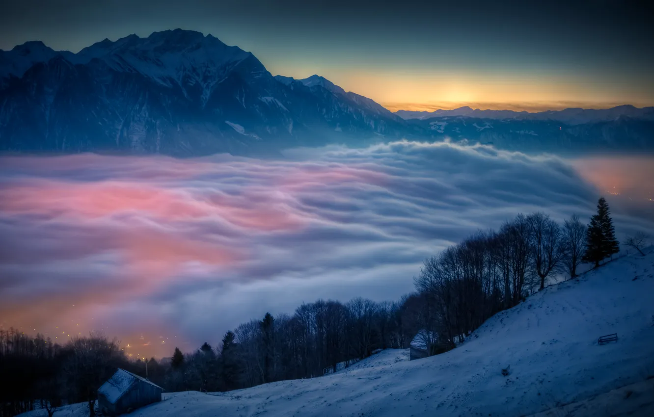Фото обои rock, sky, trees, landscape, nature, Mountain, snow, fog