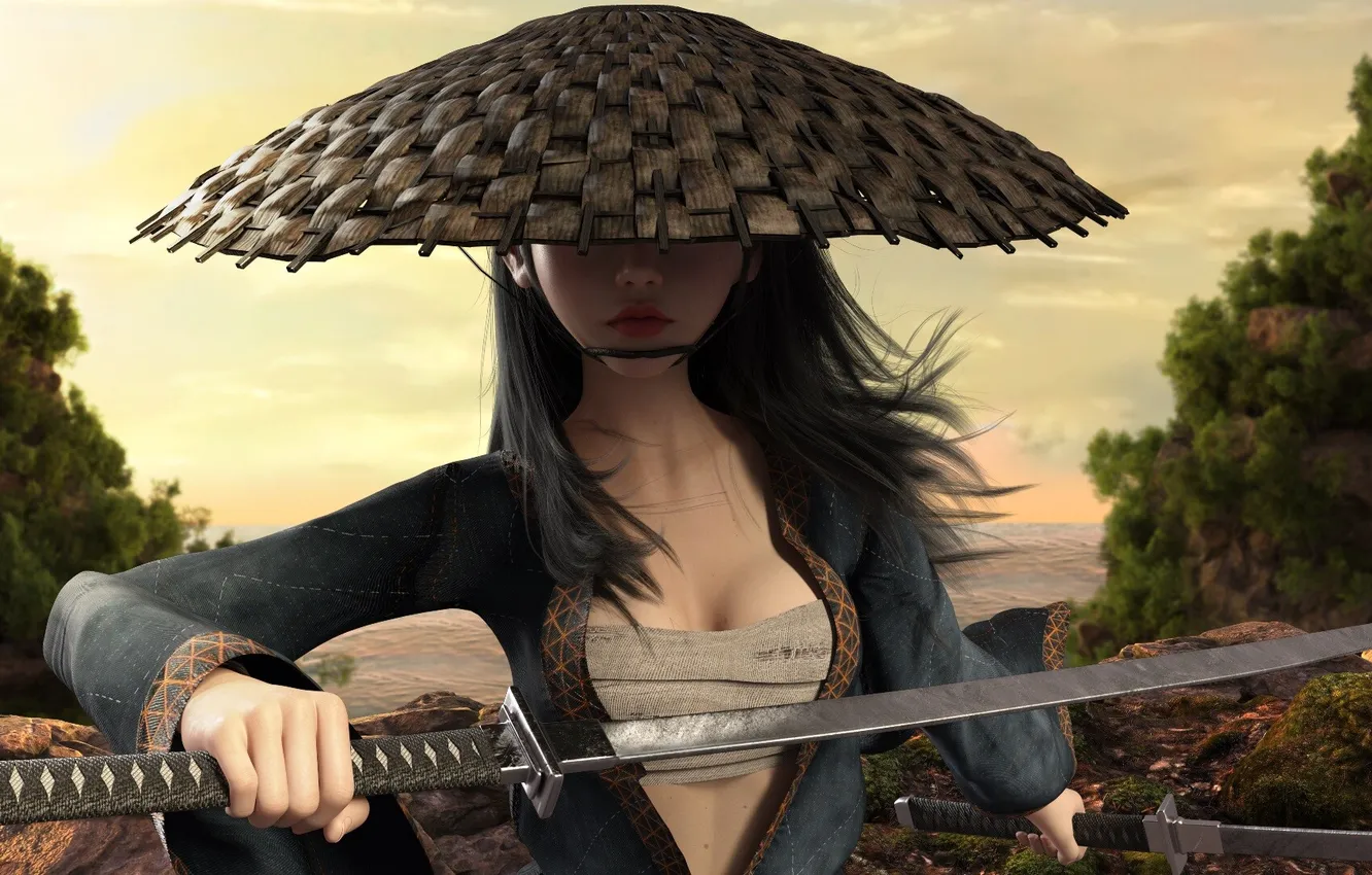 Фото обои girl, sword, fantasy, weapon, hat, katana, samurai, digital art