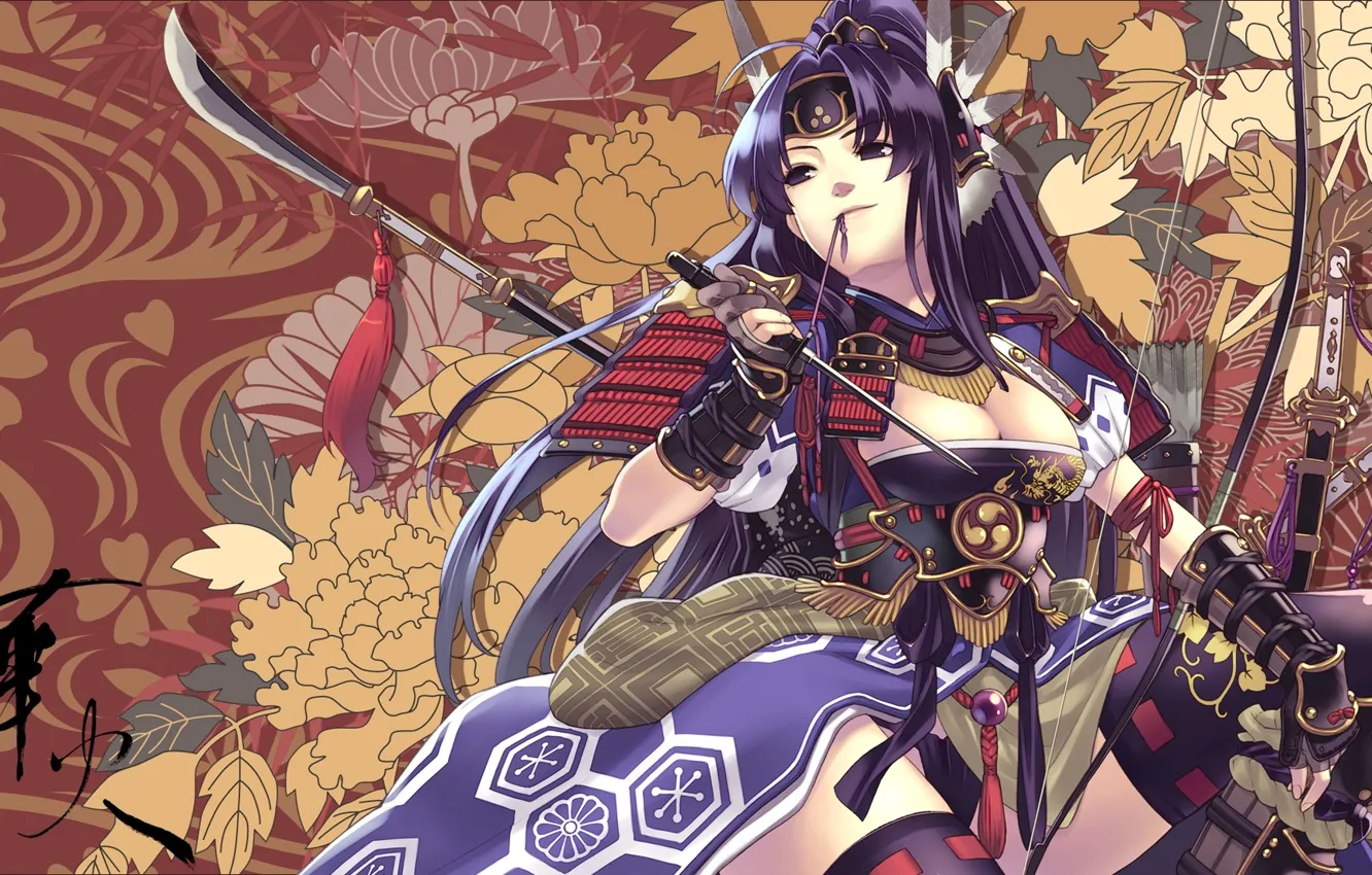 Фото обои грудь, девушка, улыбка, оружие, доспехи, самурай, art, hirano katsuyuki