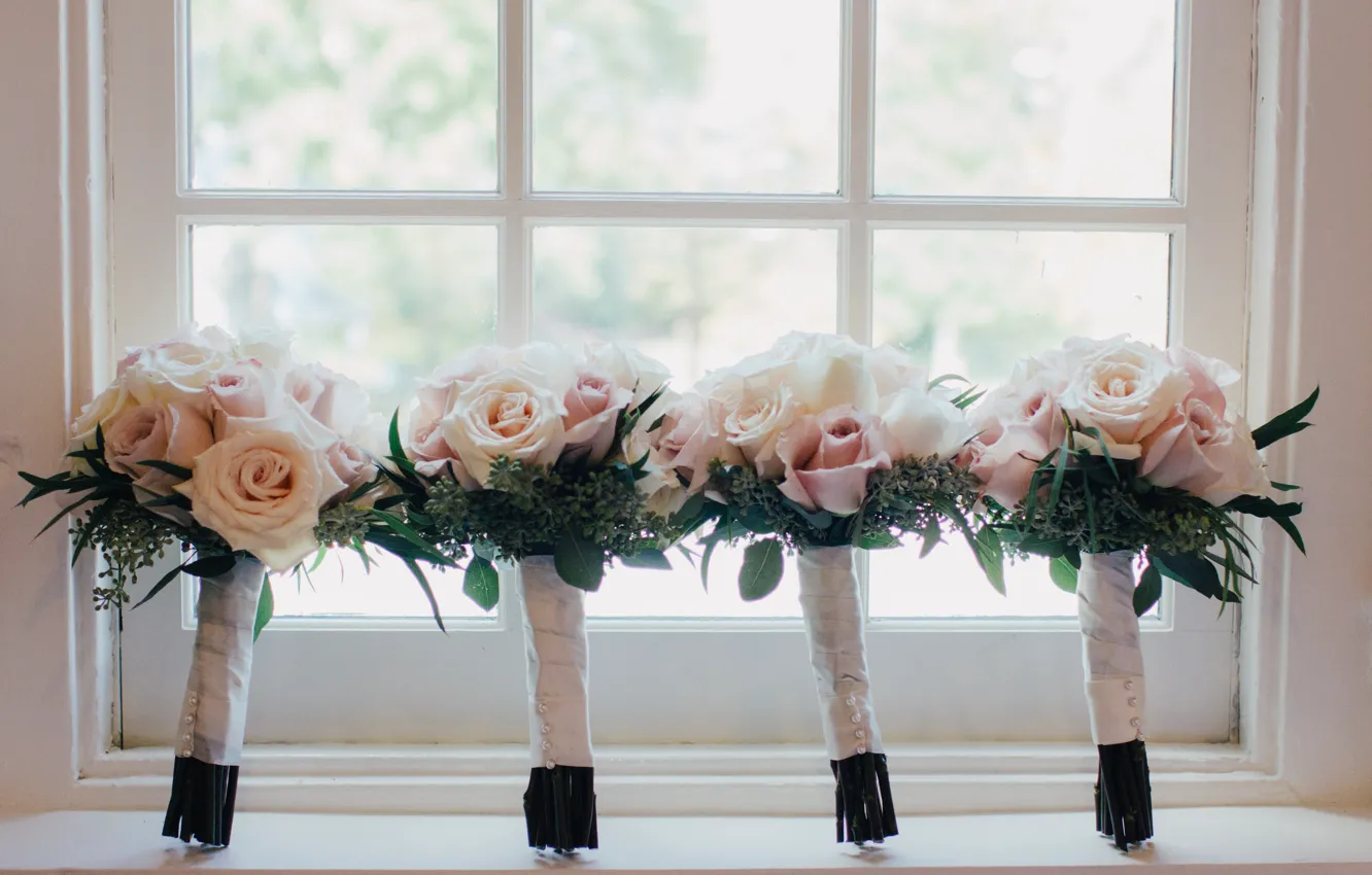 Фото обои цветы, розы, окно, свадебные, букеты