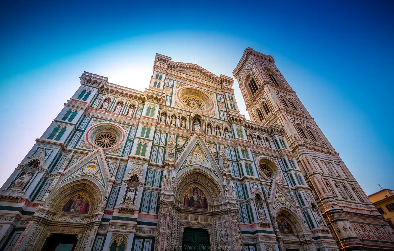 Фото обои небо, Италия, Флоренция, фасад, Дуомо, колокольня Джотто, собор Санта-Мария-дель-Фьоре