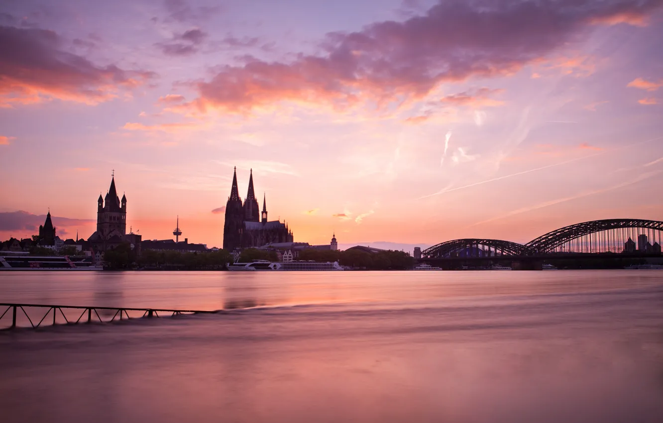 Фото обои мост, река, утро, Германия, храм, архитектура, Кёльн