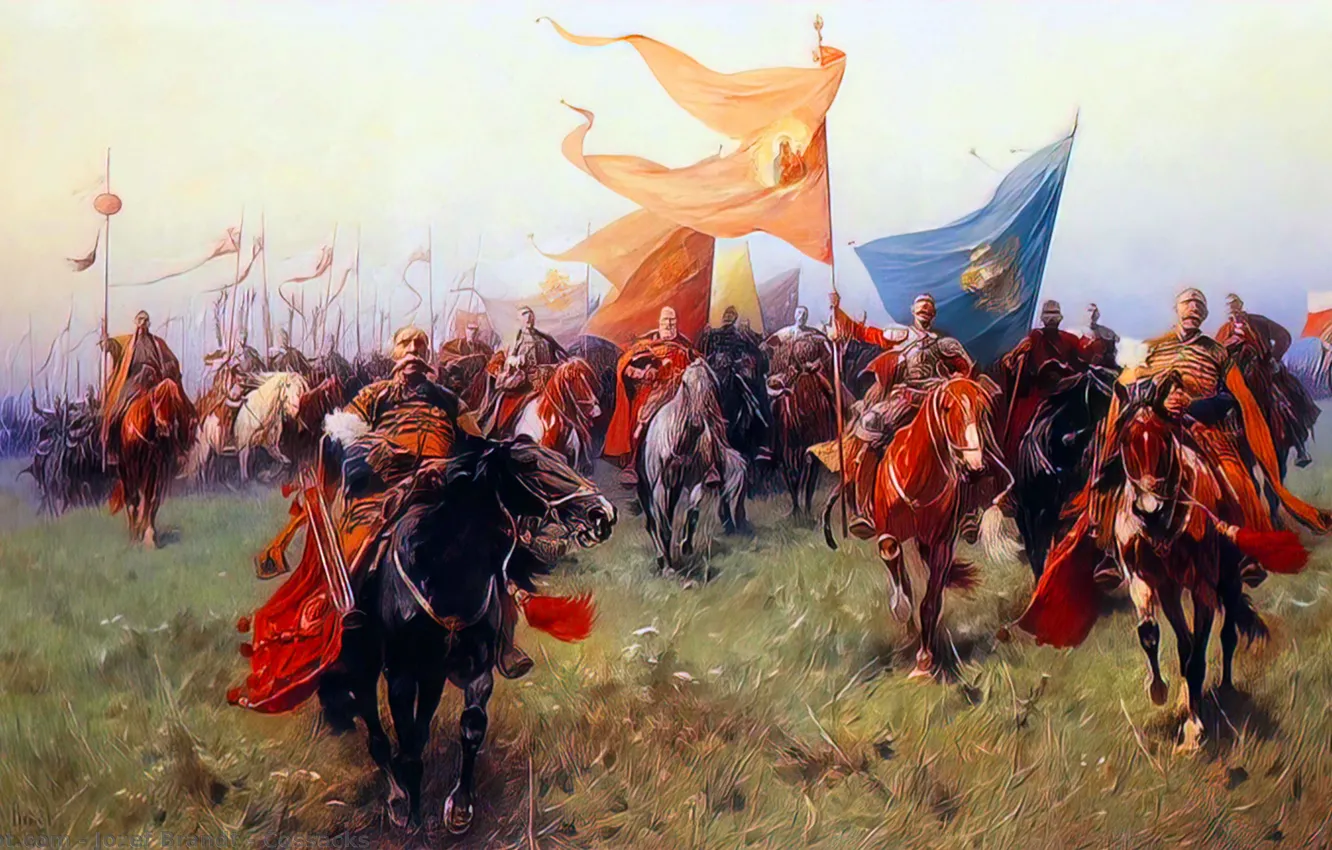 Фото обои Картина, Лошади, Казаки, Мужчины, Jozef Brandt, Юзеф Брандт, Польский художник-реалист, Знамена