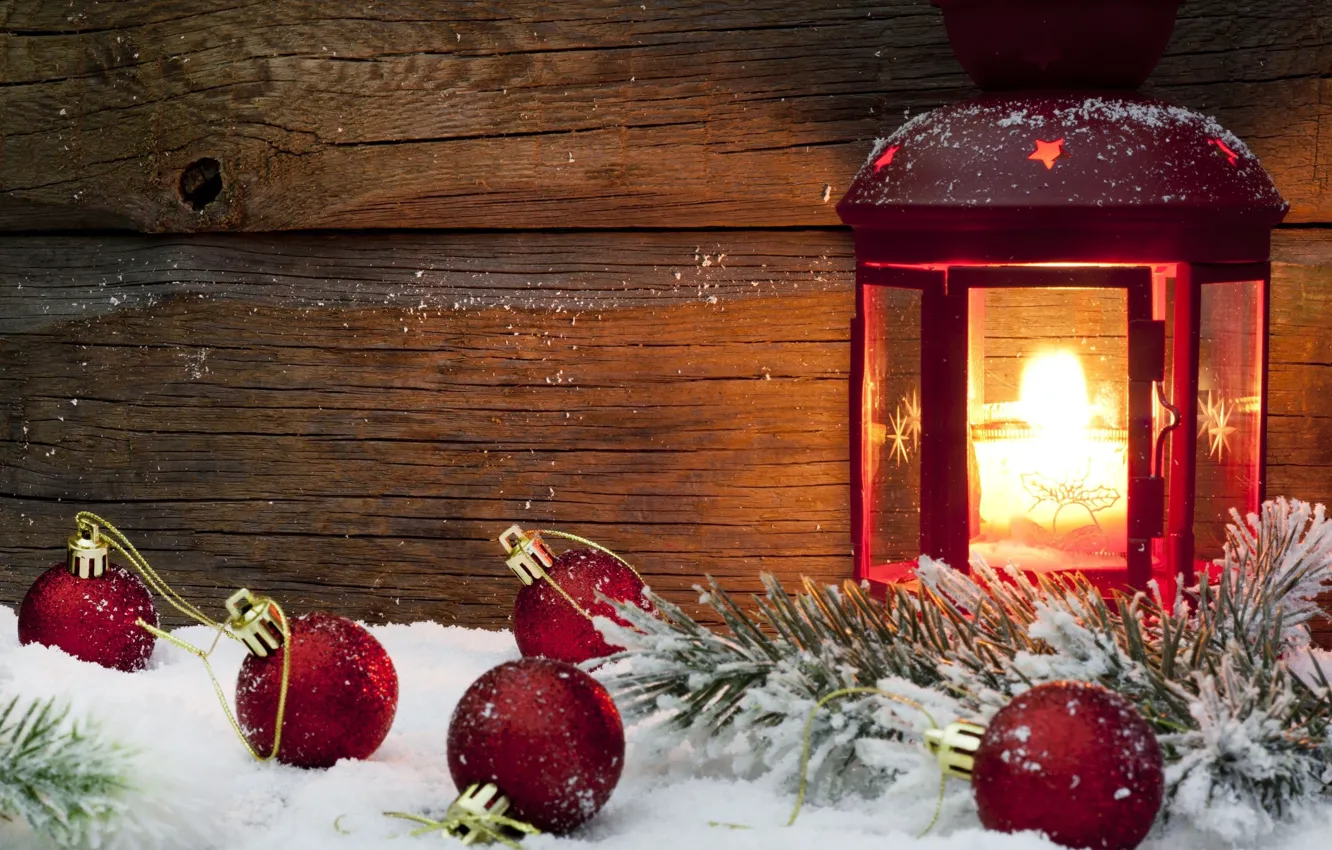 Фото обои зима, снег, красный, фон, огонь, праздник, шары, обои