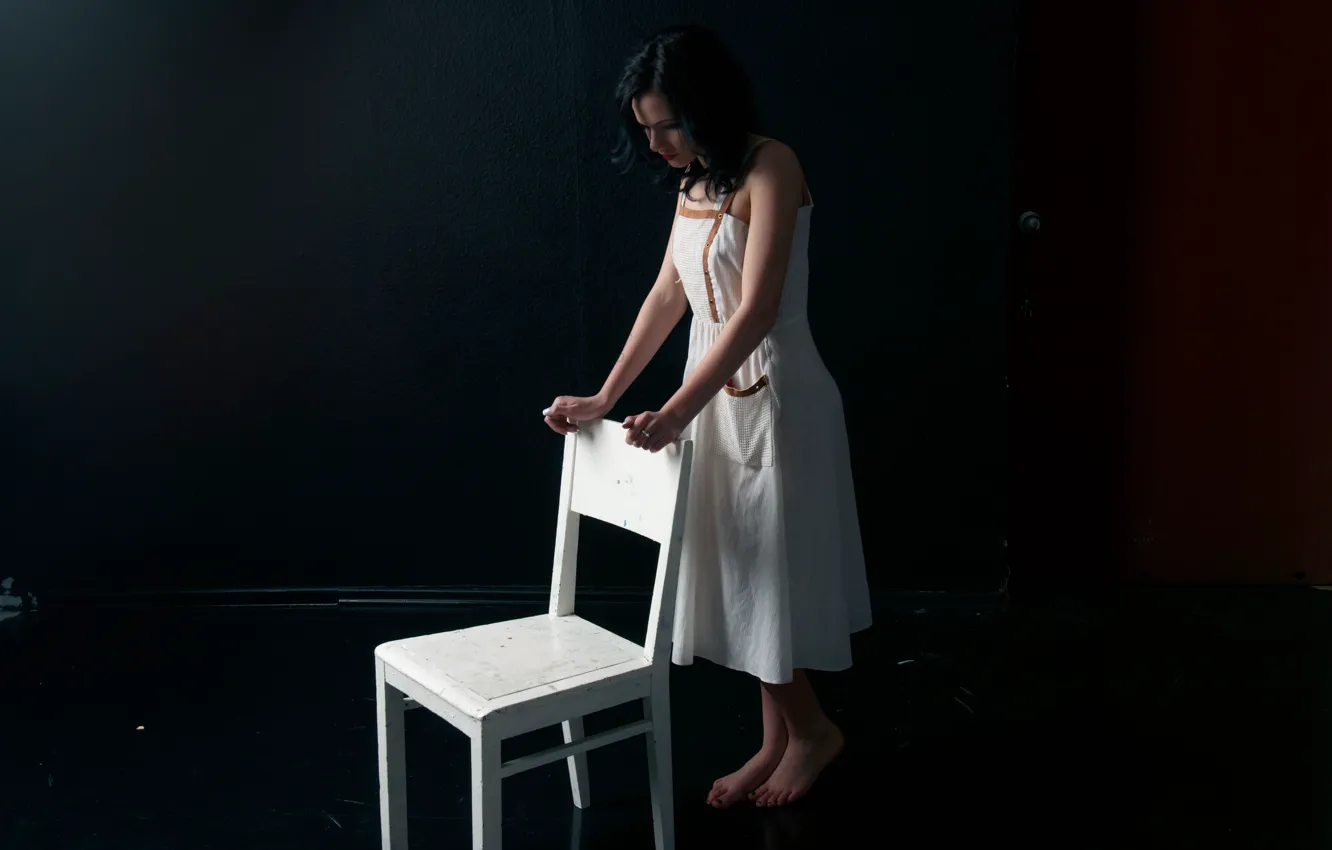 Фото обои solitude, brunette, pose, cute, white dress, beautiful face, white chair, looking down