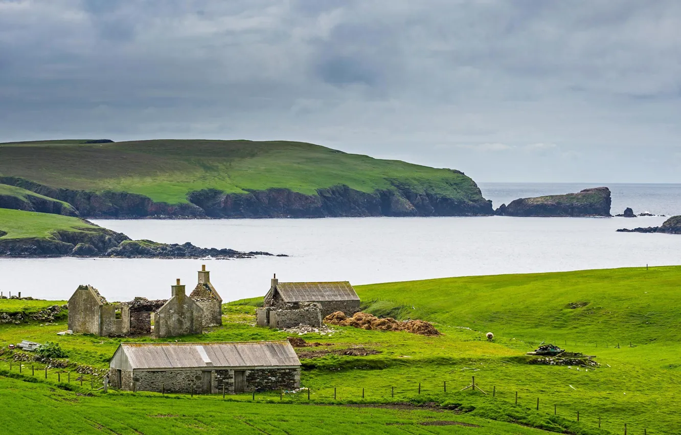 Фото обои море, Шотландия, Шетландские острова, старая ферма