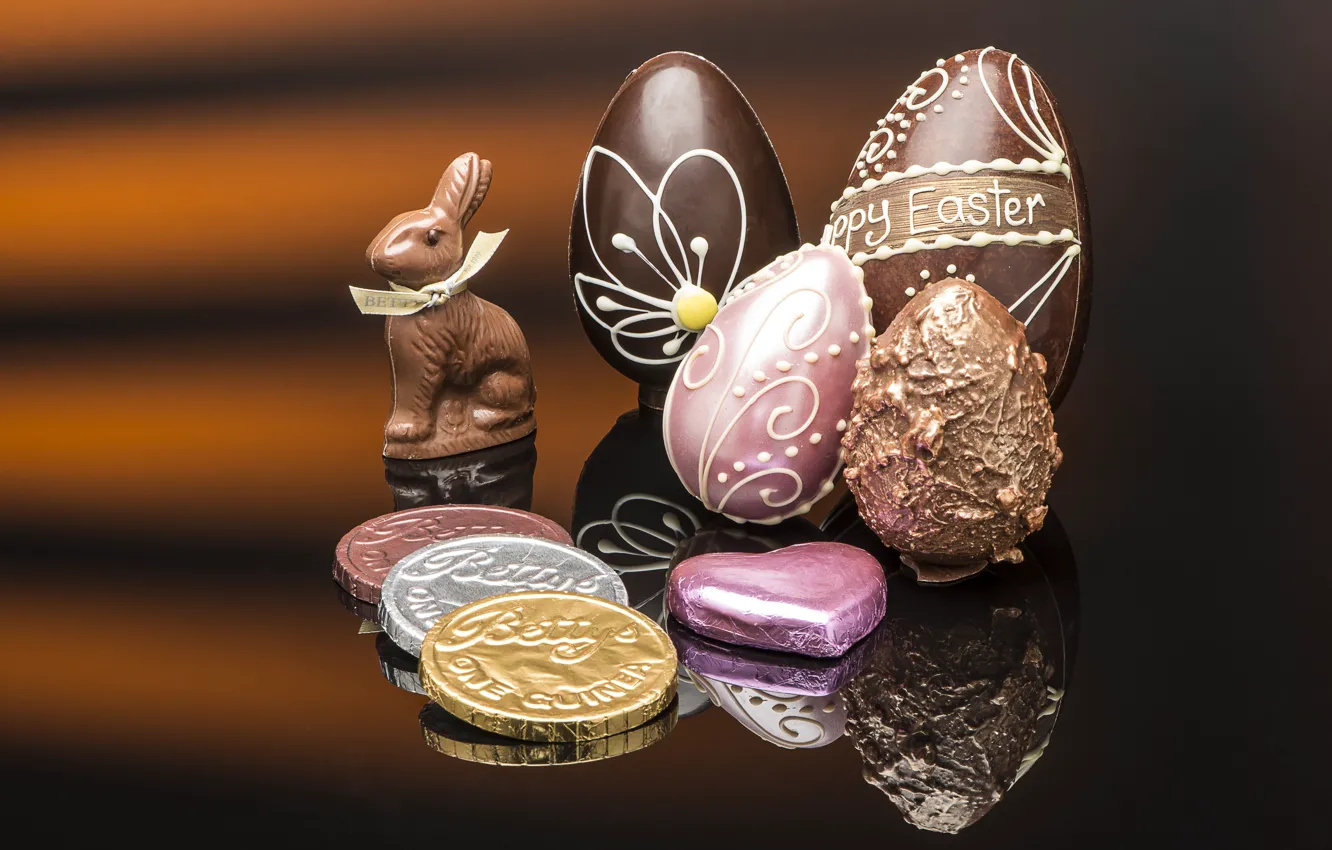 Фото обои яйцо, шоколад, заяц, конфеты, Пасха, монеты