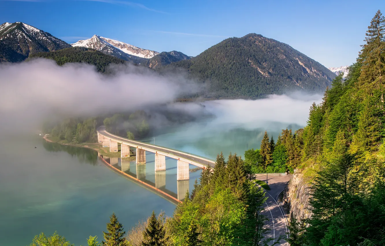 Фото обои дорога, лес, деревья, горы, мост, туман, озеро, Германия
