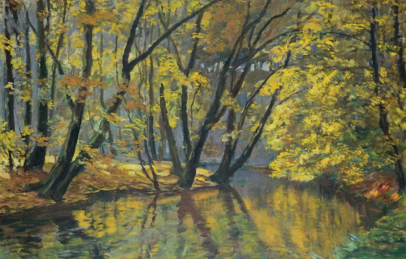 Фото обои осень, пейзаж, природа, река, картина, Антонин Гудечек, The Bela Stream in Autumn, Antonin Hudecek