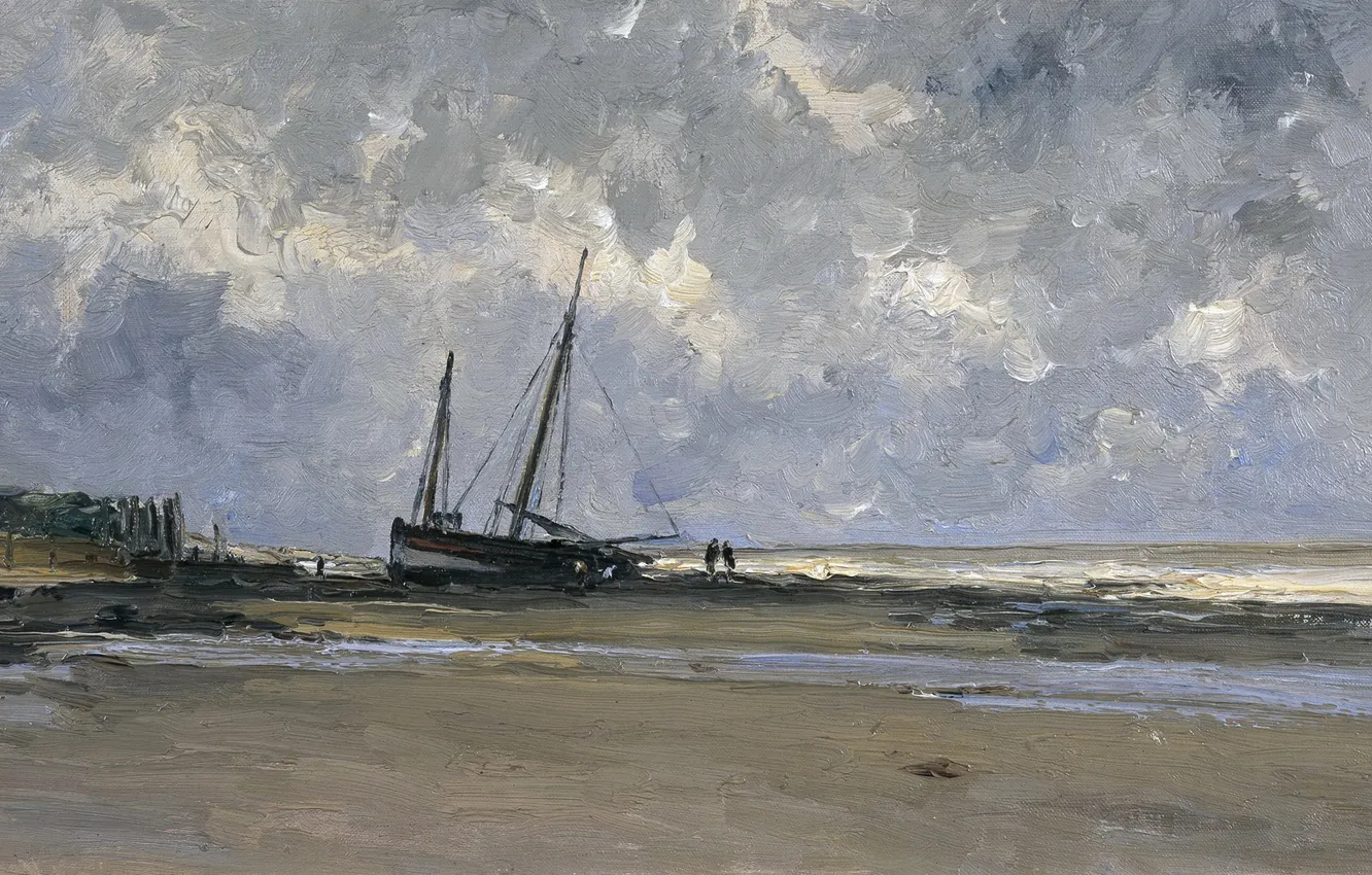 Фото обои берег, лодка, картина, морской пейзаж, Карлос де Хаэс, Море в Виллервиле