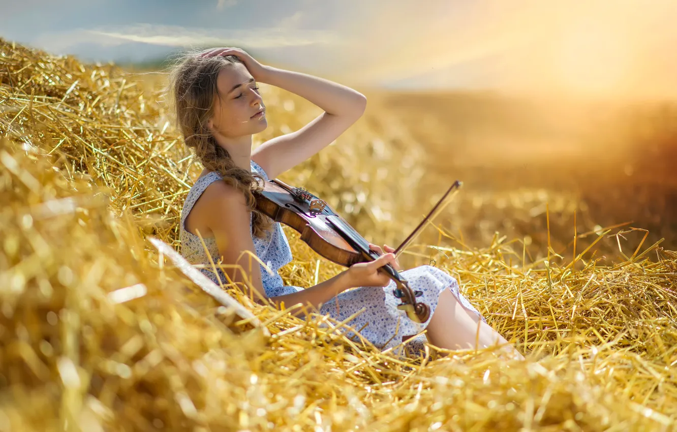 Фото обои лето, девушка, скрипка, жара