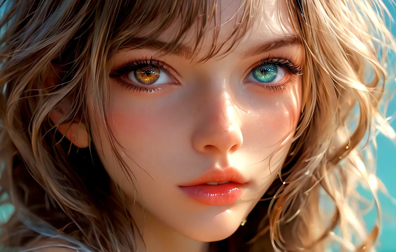 Фото обои Girl, water drops, face, blonde, digital art, artwork, closeup, heterochromia