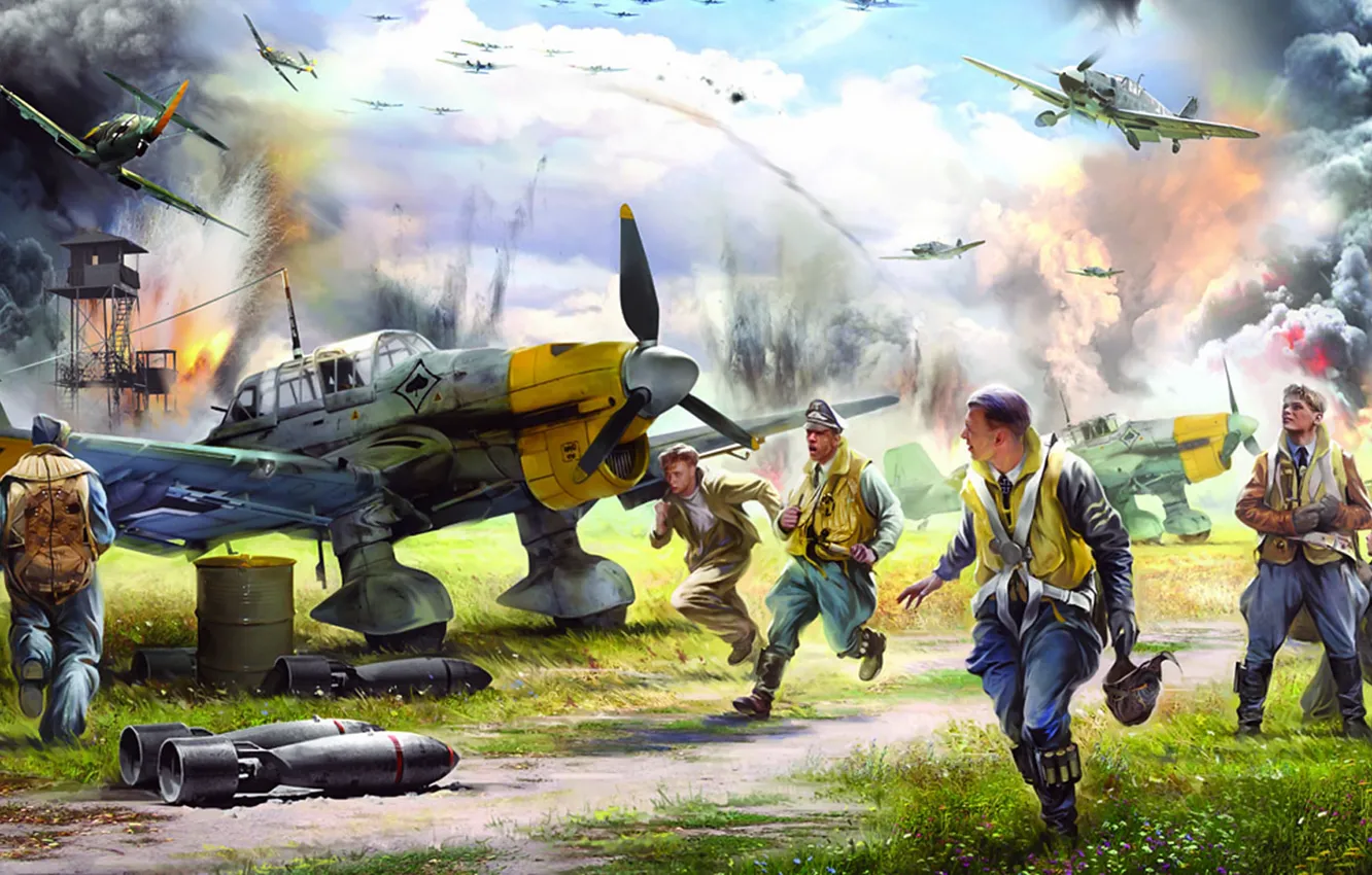 Фото обои истребитель, германия, Бомбардировщик, Bf-109, Ju-87, Me-109, Иван Хивренко, Немецкий аэродром