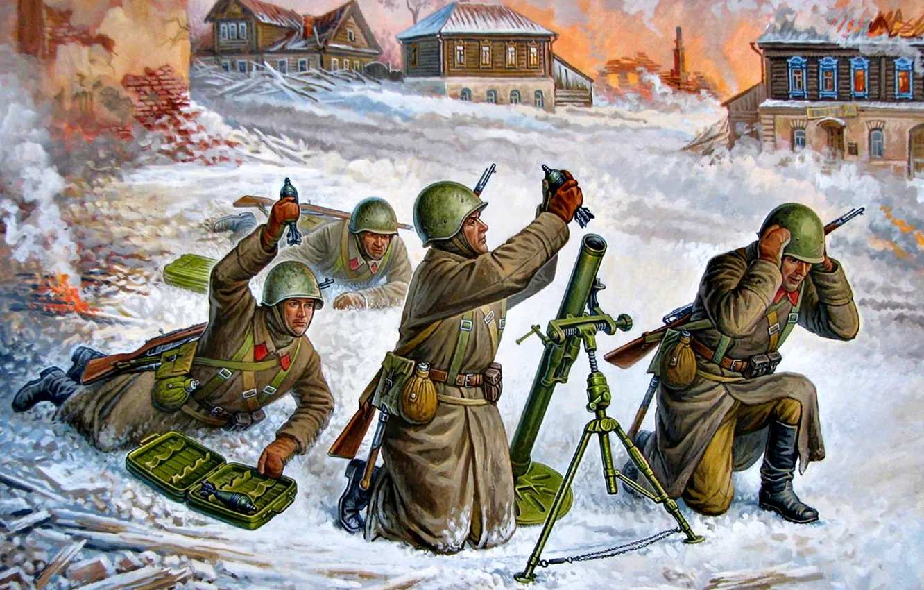 Фото обои Зима, Снег, мины, Великая Отечественная война, Вторая Мировая война, Красная Армия, Расчет, 82-мм миномет
