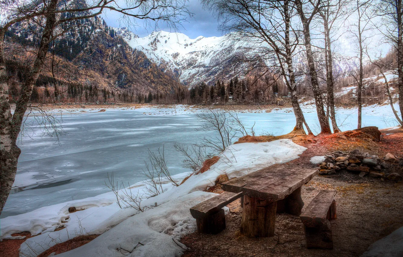 Фото обои зима, горы, река, скамья, Italia, Piemonte, Antrona Schieranco