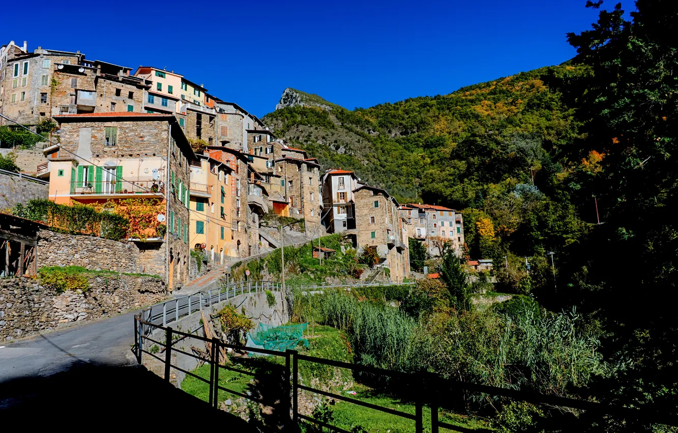 Фото обои горы, улица, дома, Италия, Liguria, Pigna