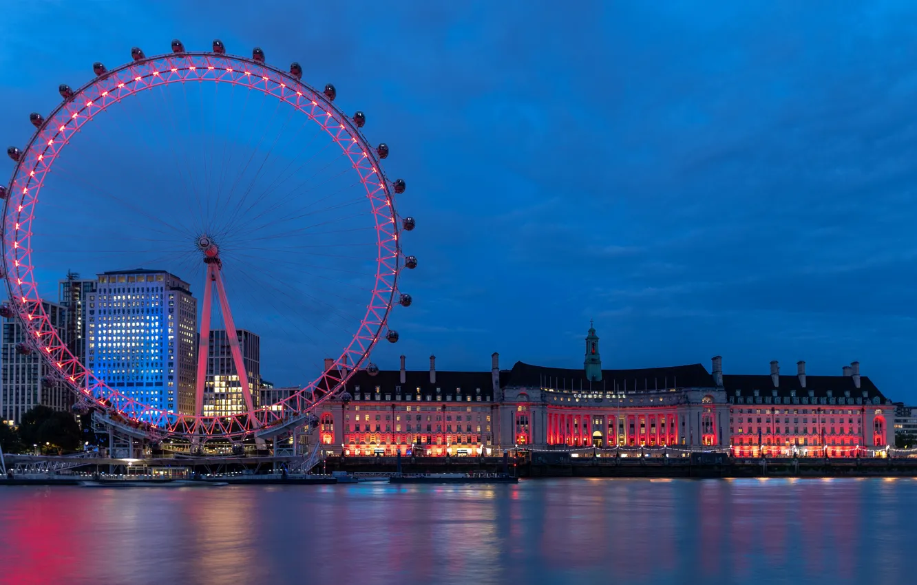 Фото обои город, река, Лондон, здания, дома, вечер, колесо, освещение