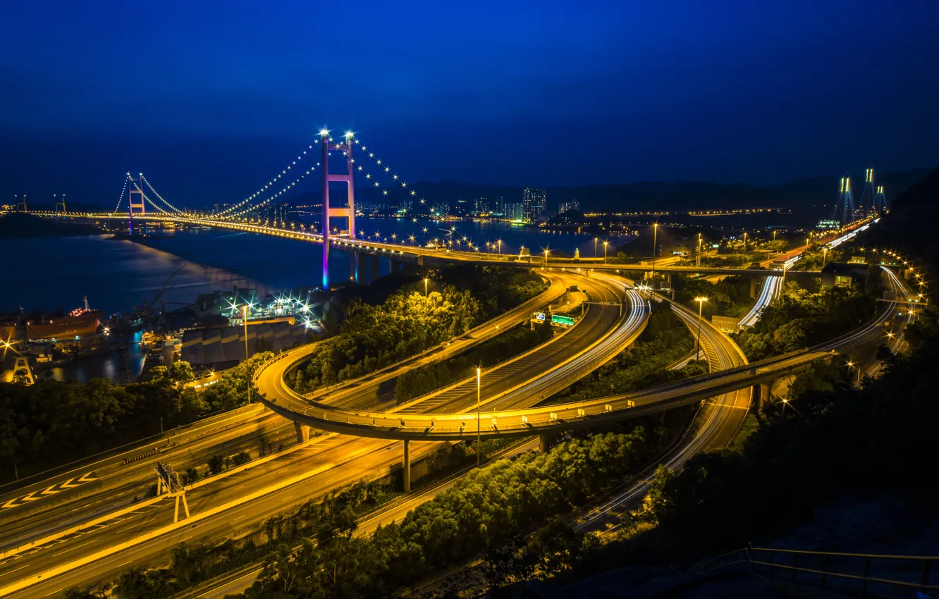 Фото обои небо, ночь, мост, огни, гонконг, Hong Kong