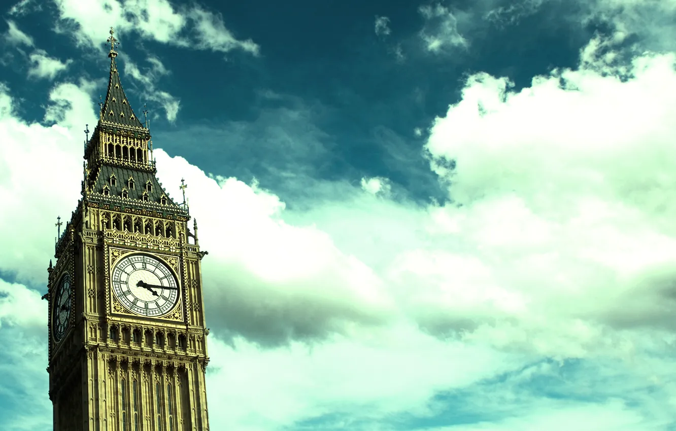 Фото обои небо, облака, стрелки, Лондон, башня, Часы, Биг-Бен, часовая башня