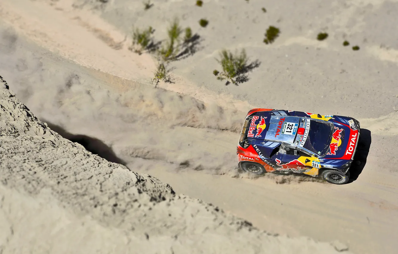 Фото обои Песок, 2008, Спорт, Скорость, Гонка, Peugeot, Red Bull, Rally