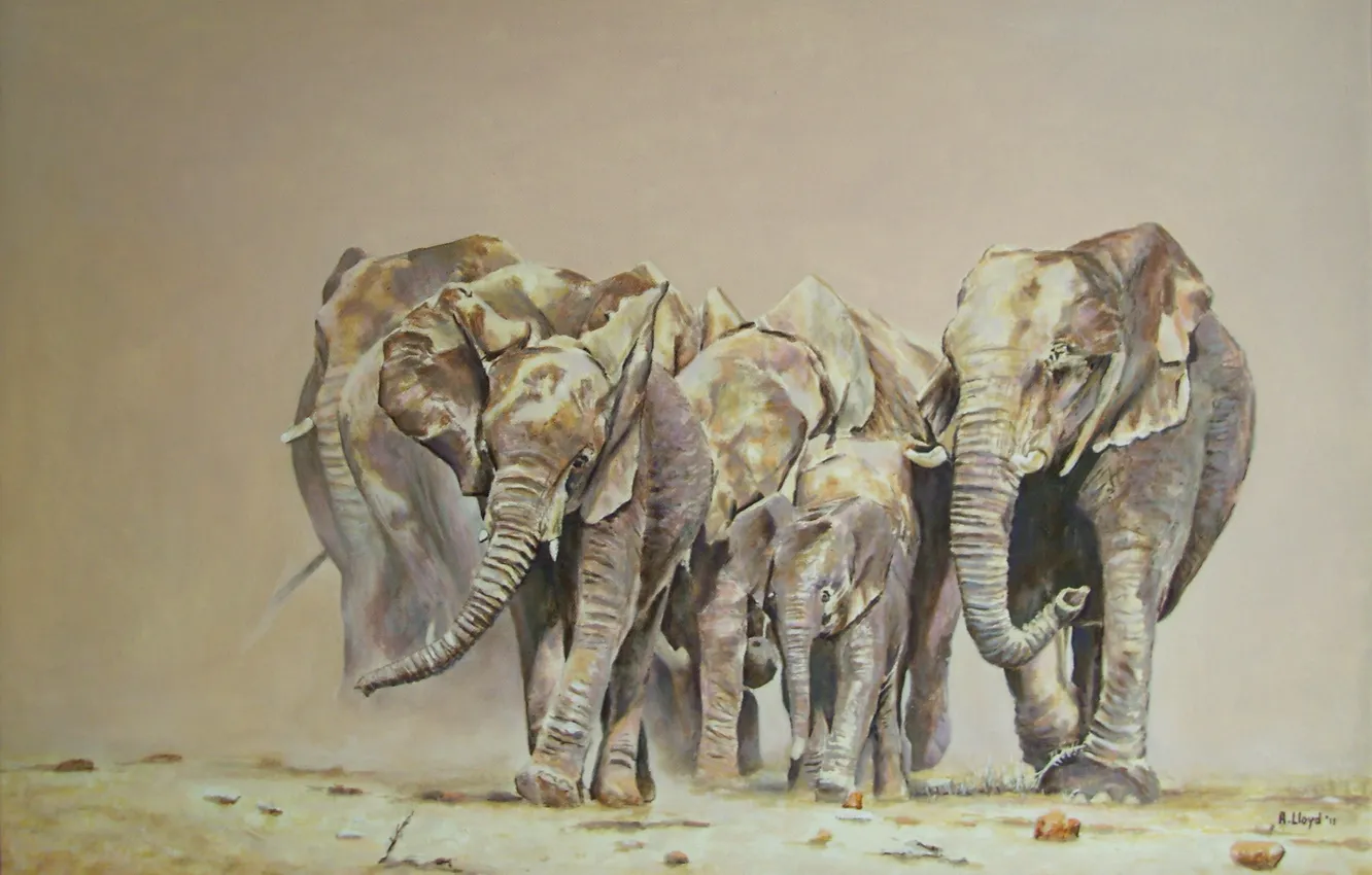 Фото обои животные, живопись, слоны