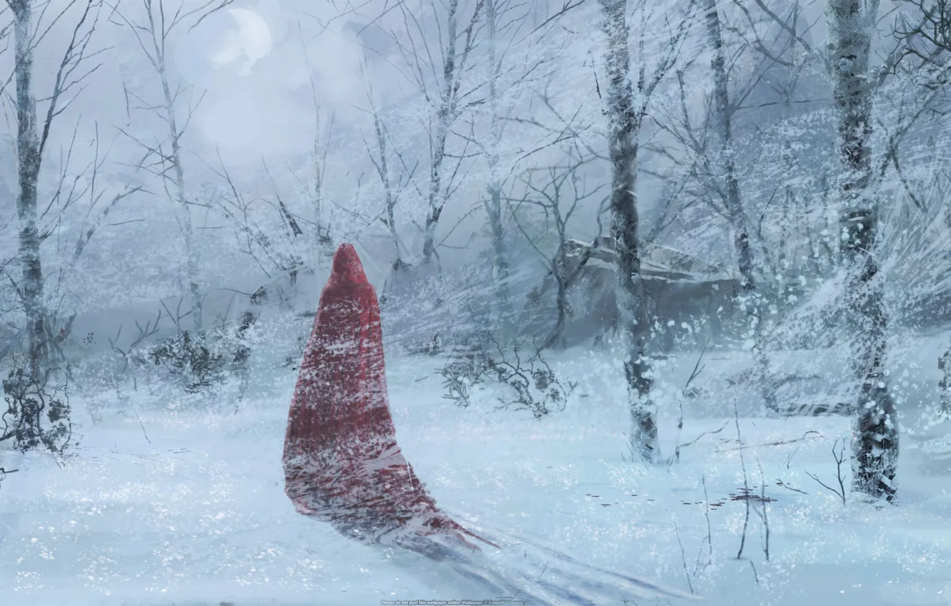 Фото обои зима, лес, снег, деревья, красный, фигура, арт, плащ