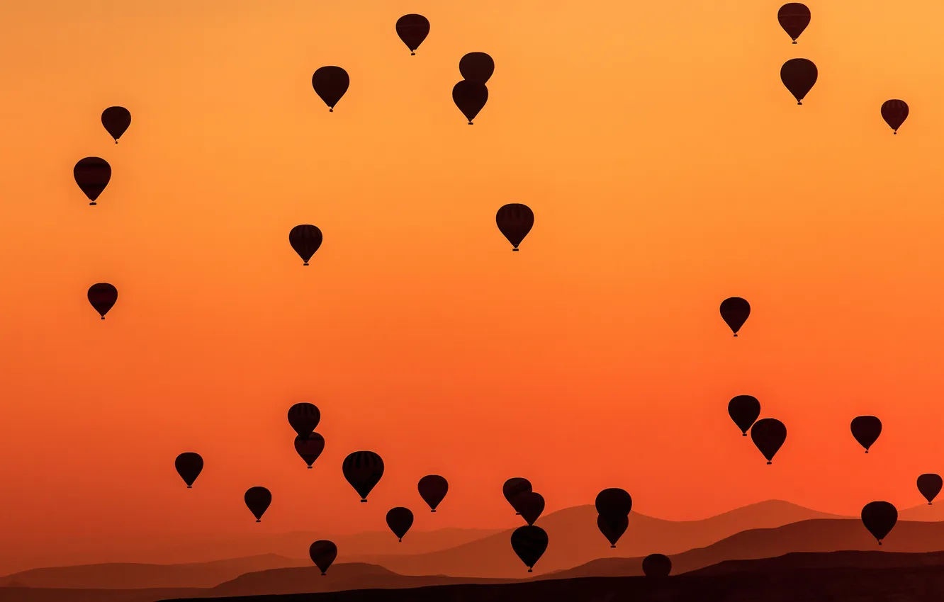 Фото обои небо, горы, воздушный шар, зарево, Турция, Каппадокия