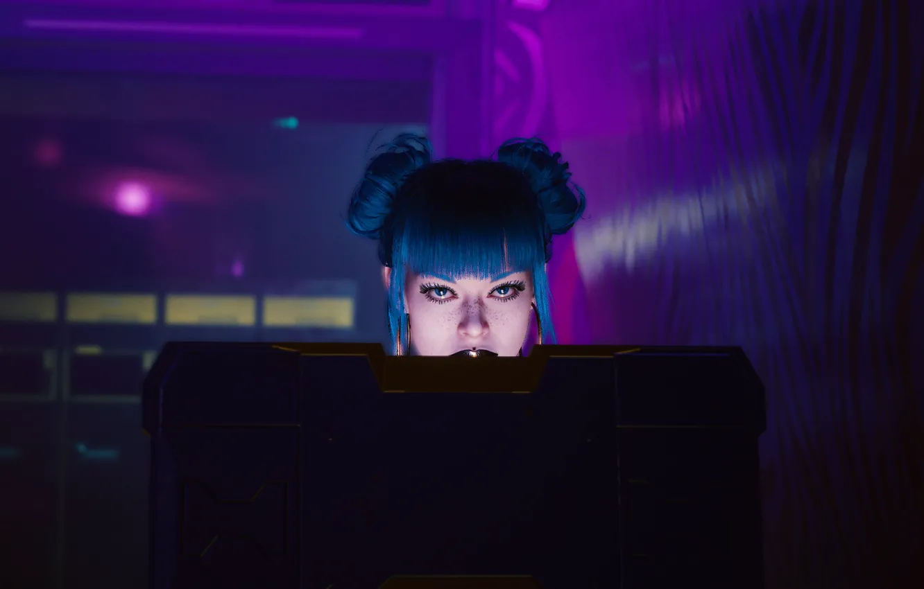 Фото обои girl, computer, cyberpunk, lips, look, violet, looking, cyberpunk 2077