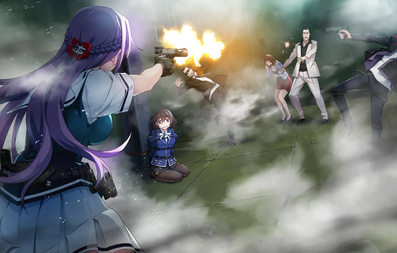 Фото обои девушки, стрельба, бандиты, заложница, Grisaia: Phantom Trigger