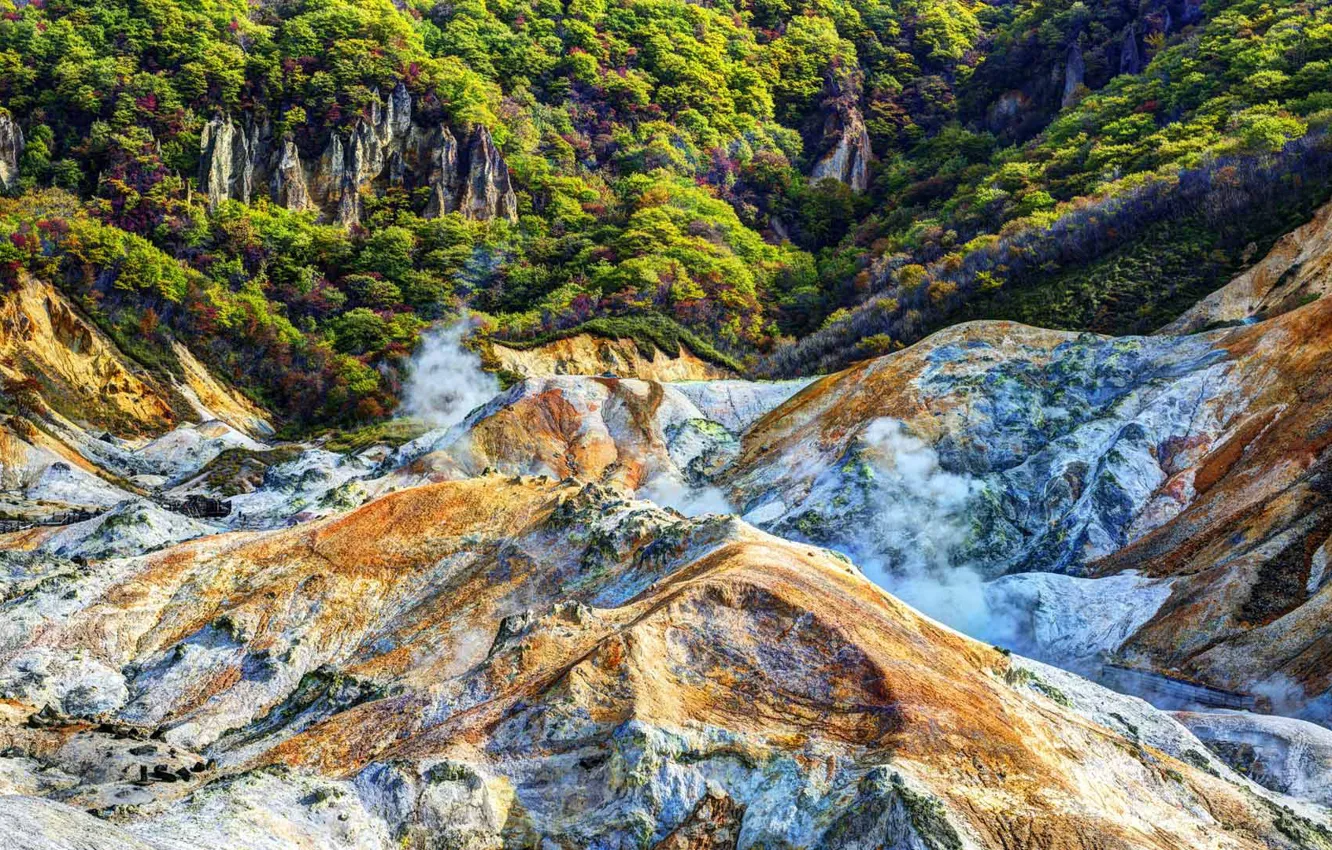 Фото обои скалы, поток, Япония, Хоккайдо, Ноборибецу
