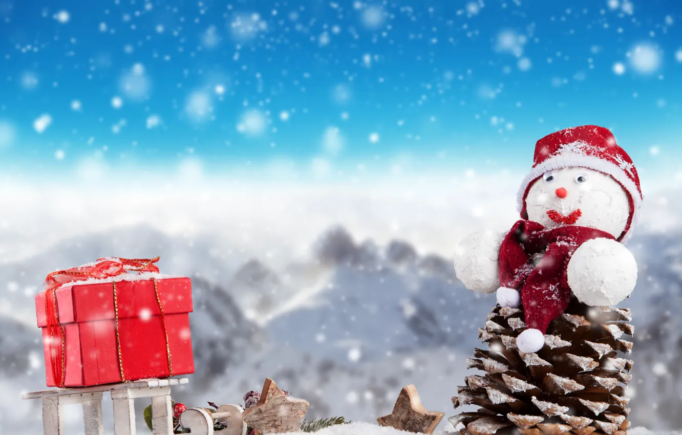 Фото обои зима, снег, пейзаж, праздник, коробка, подарок, новый год, снеговик