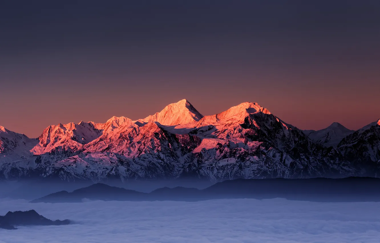Фото обои зима, небо, снег, закат, горы, природа, туман, скалы