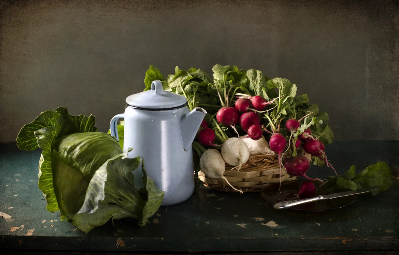 Фото обои чайник, нож, натюрморт, овощи, капуста, редис, редька