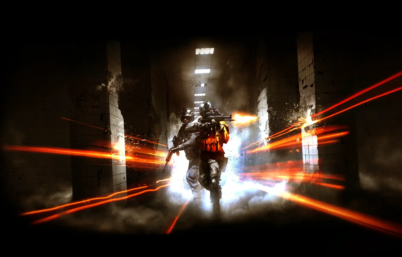 Фото обои свет, оружие, огонь, дым, лампа, кафель, колонны, Battlefield 3