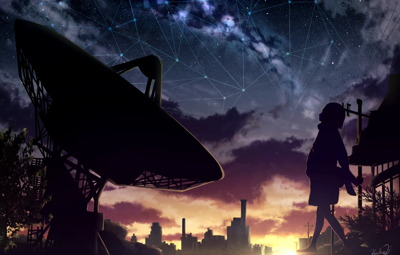 Фото обои небо, девушка, закат, город, электронный телескоп