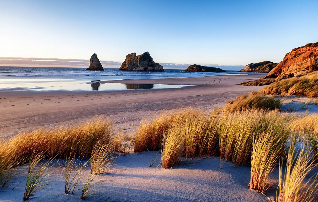 Фото обои beach, sky, sea, landscape, coast, New Zealand, nature, rocks
