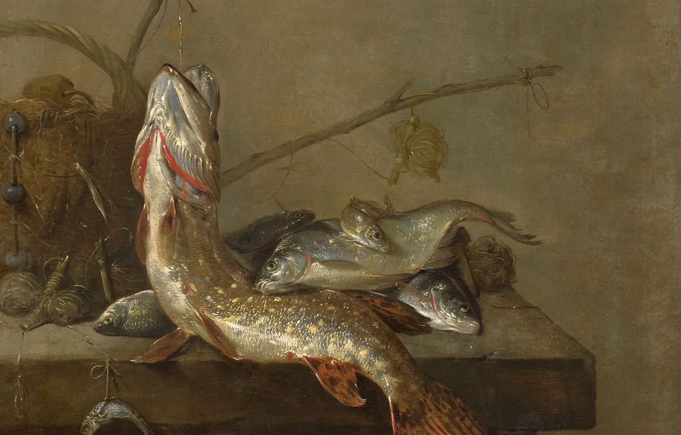Фото обои масло, картина, холст, Натюрморт с Рыбами, Pieter van Noort, Питер ван Ноорт