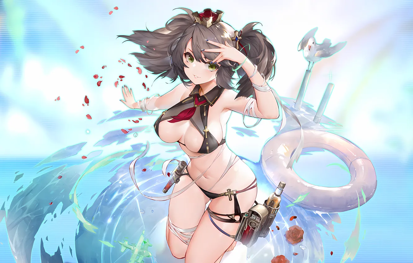 Фото обои girl, sexy, cleavage, long hair, sea, brown hair, boobs, anime